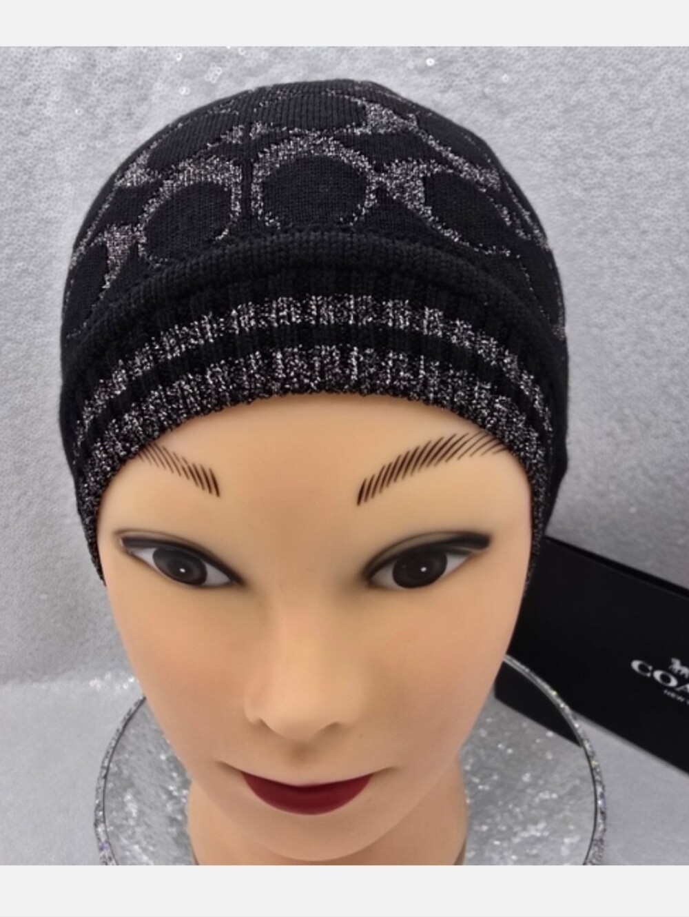 Coach Beanie Metallic Knit Black Silver Signature Print Design